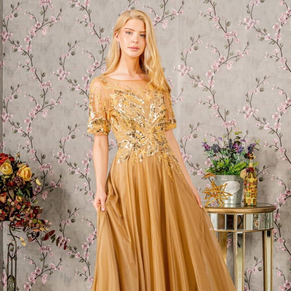 NEW FORMAL METALLIC EMBROIDERED DRESS WITH SHORT SLEEVES AND BOAT-NECK GL3444